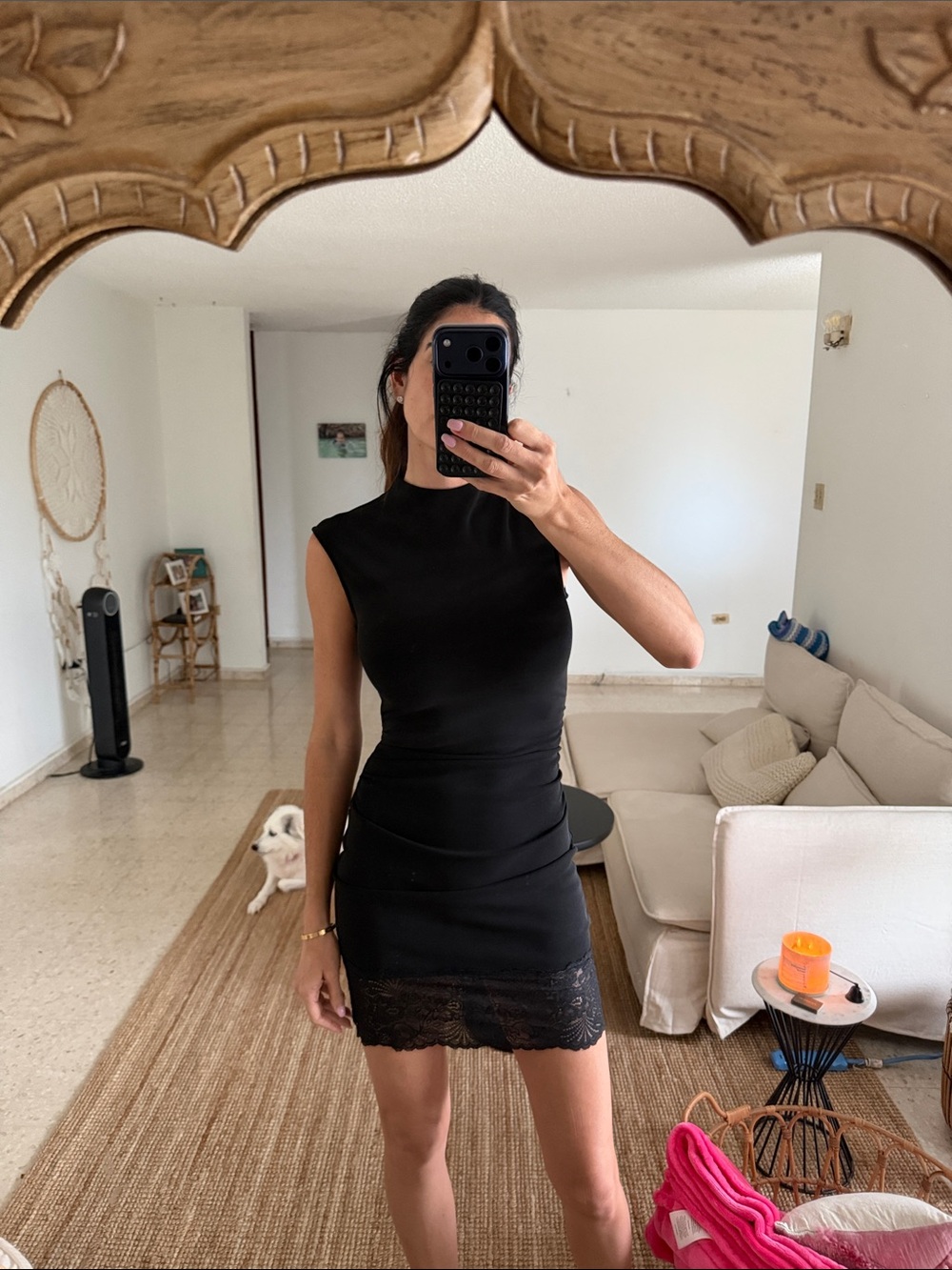Zara Black Sleeveless Mini Dress with Lace Hem